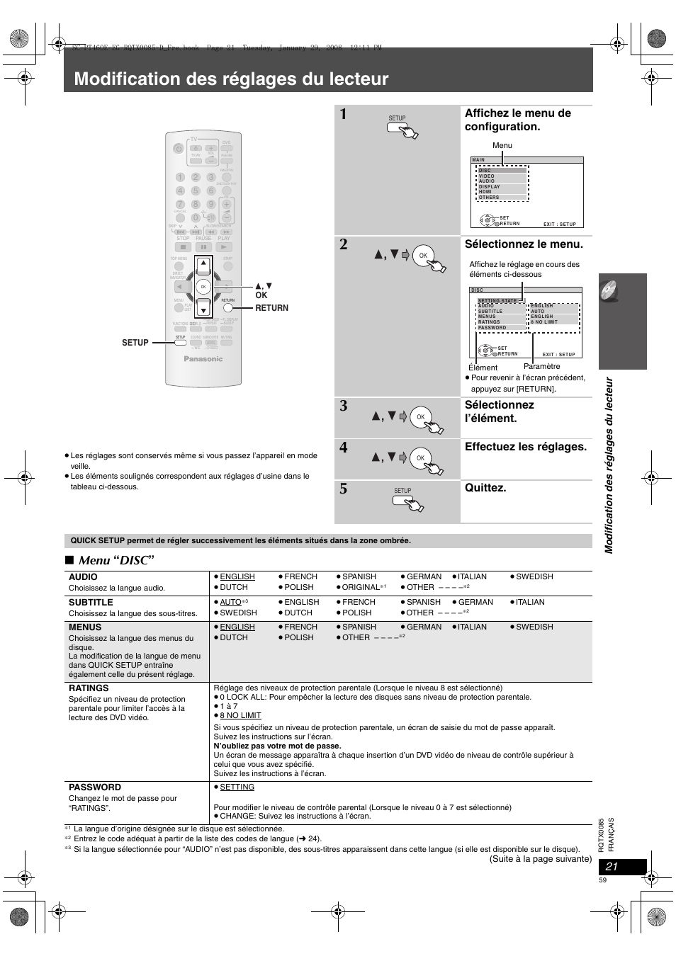 Modification des réglages du lecteur, Menu “ disc, Affichez le menu de configuration | Sélectionnez le menu, Sélectionnez l’élément, Effectuez les réglages, Quittez | Panasonic SCPT460 User Manual | Page 59 / 116