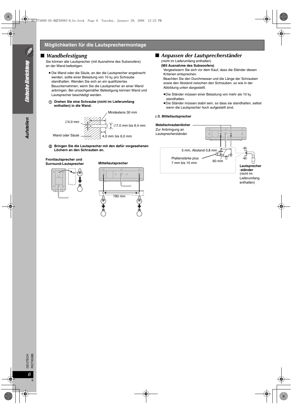 Wandbefestigung, Anpassen der lautsprecherständer, Einfac he e inrichtung | Panasonic SCPT460 User Manual | Page 6 / 116