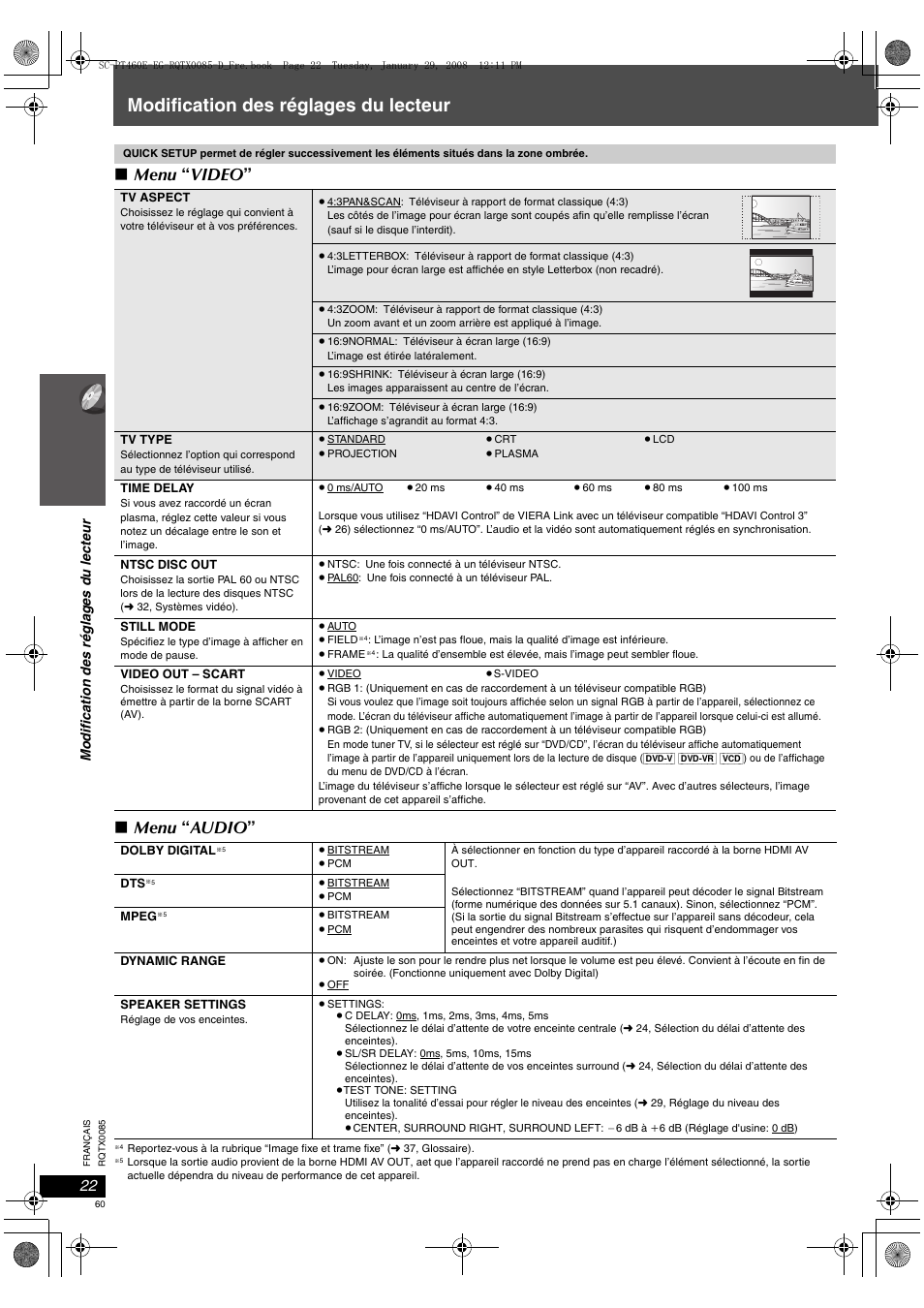Modification des réglages du lecteur, Menu “ video ” ∫ menu “ audio | Panasonic SCPT460 User Manual | Page 60 / 116