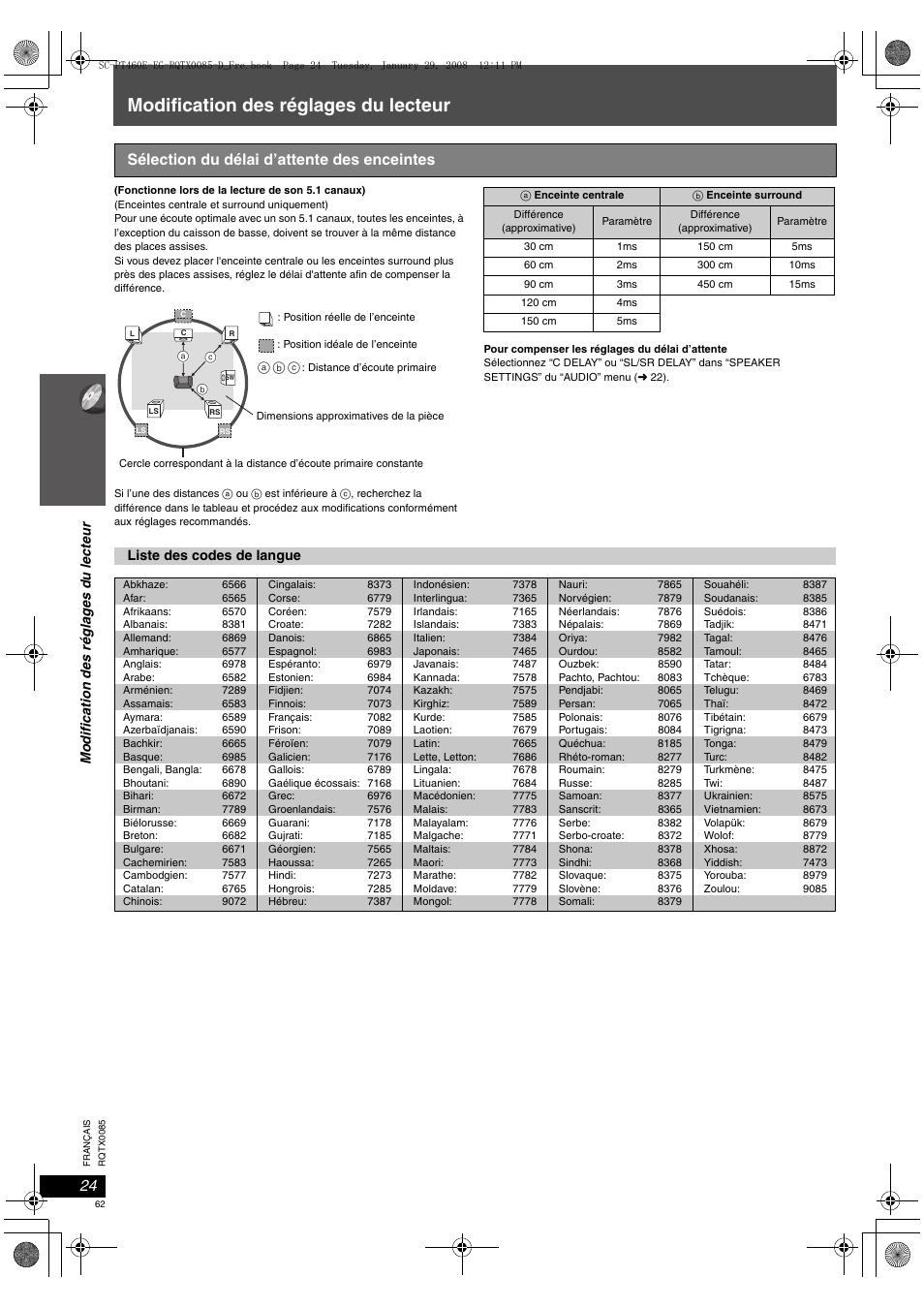 Modification des réglages du lecteur, Sélection du délai d’attente des enceintes | Panasonic SCPT460 User Manual | Page 62 / 116
