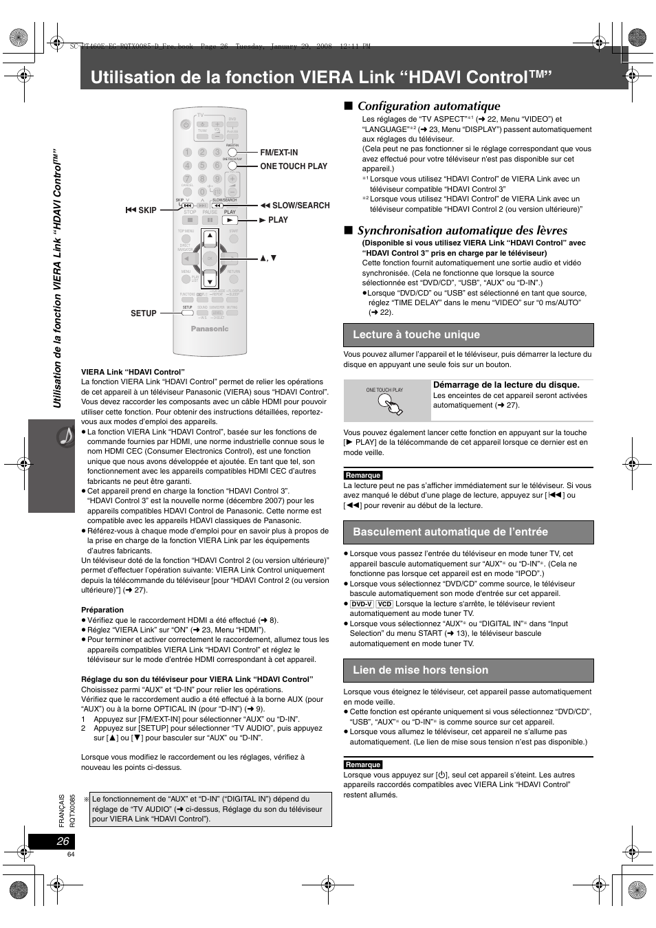 Configuration automatique, Synchronisation automatique des lèvres, Lecture à touche unique | Panasonic SCPT460 User Manual | Page 64 / 116