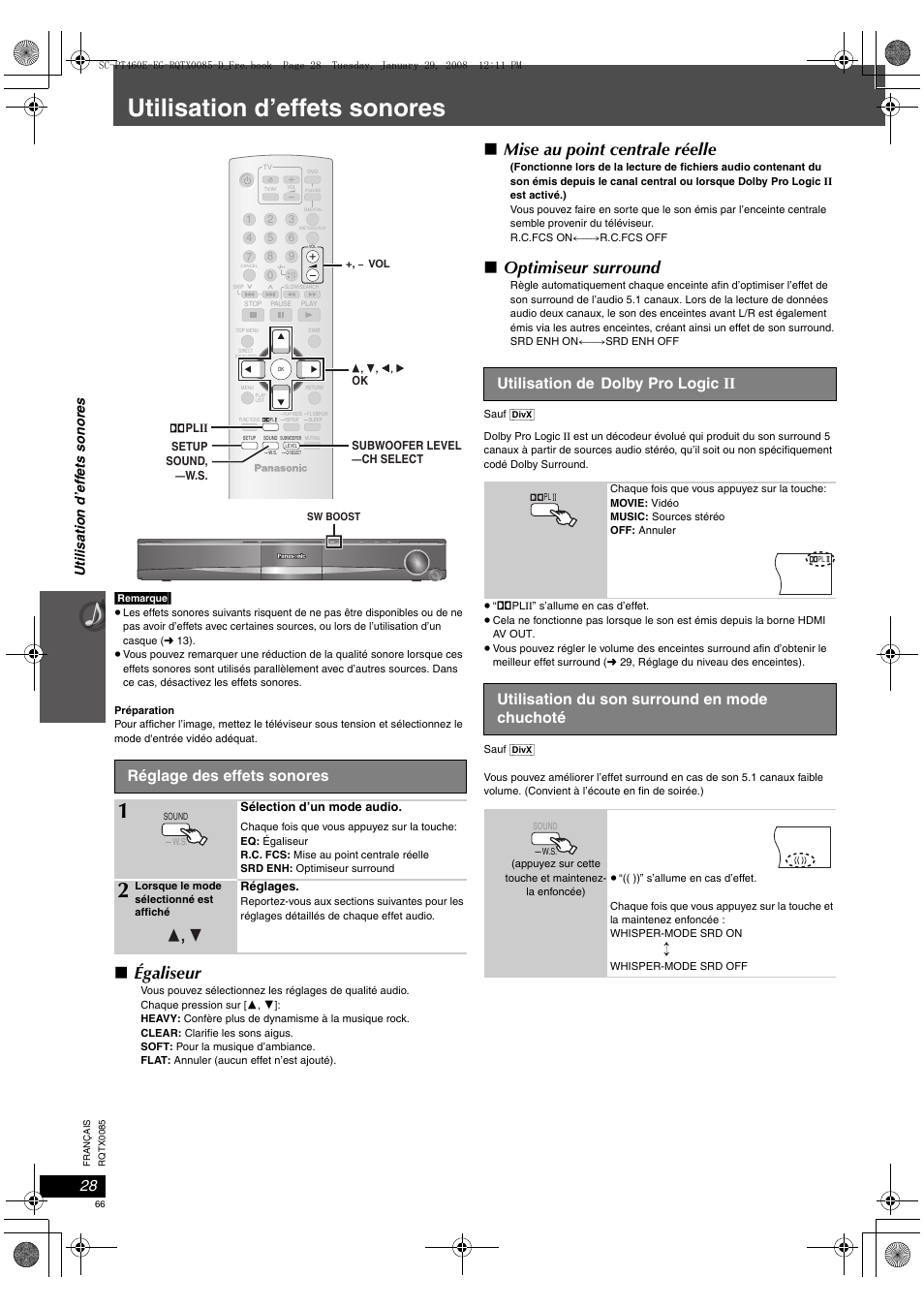 Utilisation d’effets sonores, Égaliseur, Mise au point centrale réelle | Optimiseur surround, Réglage des effets sonores, Utilisation de dolby pro logic ii, Utilisation du son surround en mode chuchoté, Ut ili sati on d’ ef fe ts son o res | Panasonic SCPT460 User Manual | Page 66 / 116