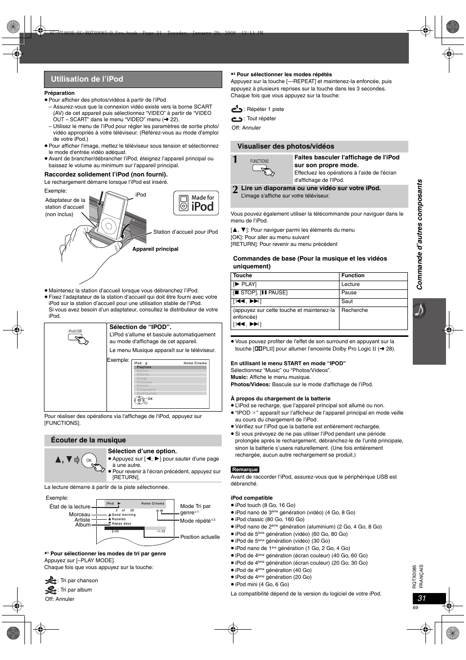 Utilisation de l’ipod, Écouter de la musique, Visualiser des photos/vidéos | Co mma nde d’autres composa n ts | Panasonic SCPT460 User Manual | Page 69 / 116