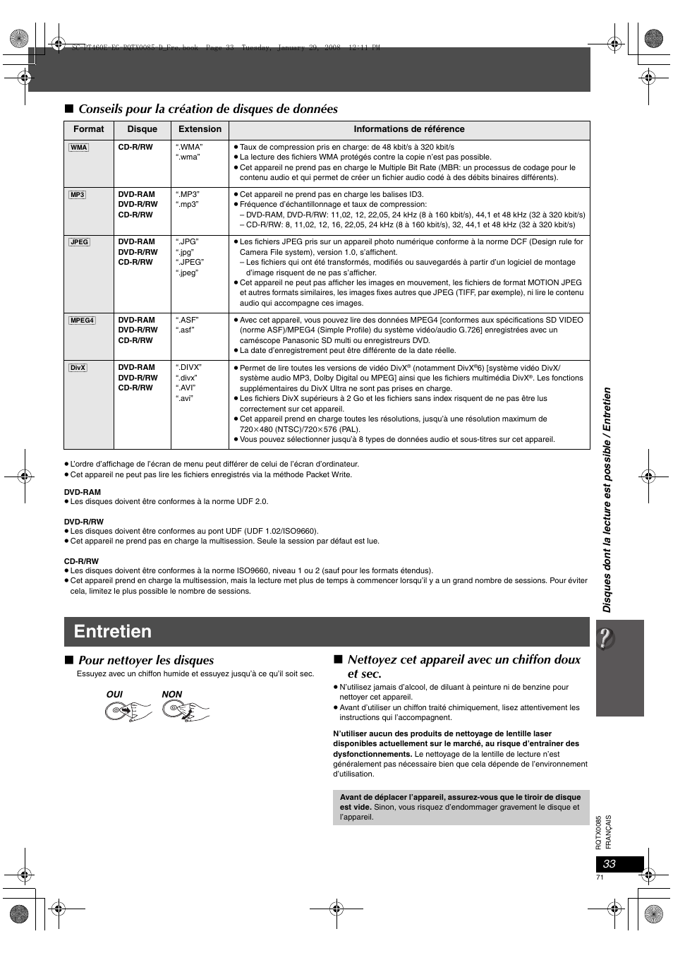 Entretien, Conseils pour la création de disques de données, Pour nettoyer les disques | Nettoyez cet appareil avec un chiffon doux et sec | Panasonic SCPT460 User Manual | Page 71 / 116