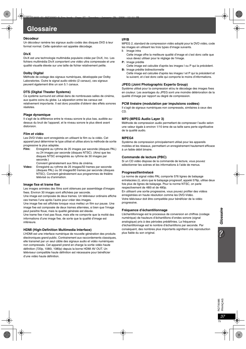 Glossaire | Panasonic SCPT460 User Manual | Page 75 / 116