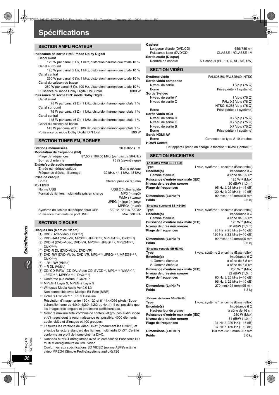Spécifications | Panasonic SCPT460 User Manual | Page 76 / 116