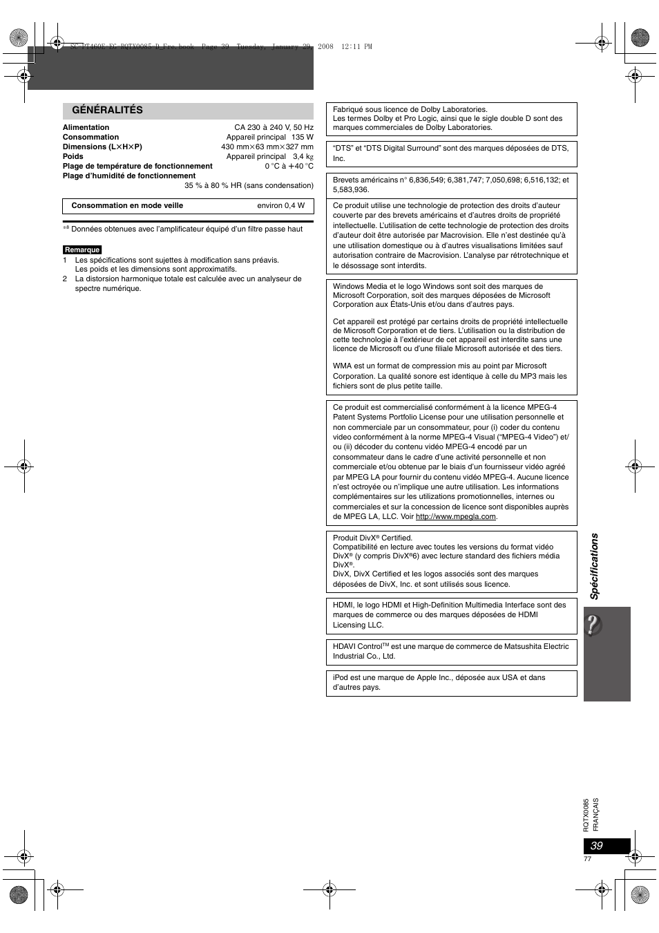 Spécifications, Généralités | Panasonic SCPT460 User Manual | Page 77 / 116