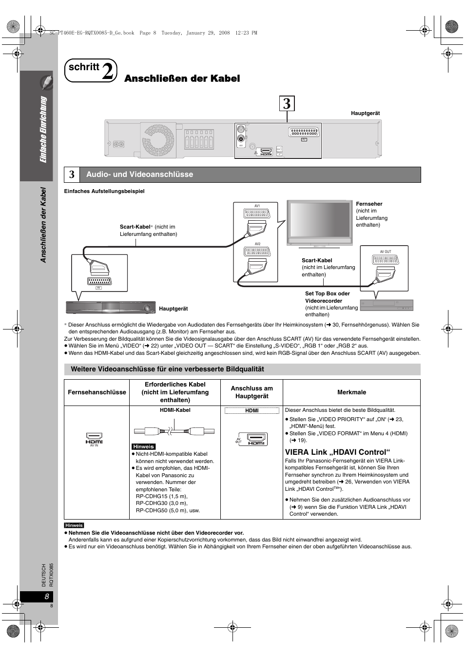 Schritt, Anschließen der kabel, Einfac he e inrichtung | Panasonic SCPT460 User Manual | Page 8 / 116
