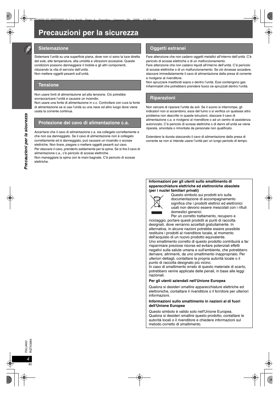 Precauzioni per la sicurezza | Panasonic SCPT460 User Manual | Page 80 / 116