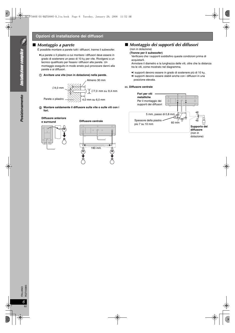 Montaggio a parete, Montaggio dei supporti dei diffusori, Inst allazion e s emp lic e | Panasonic SCPT460 User Manual | Page 82 / 116