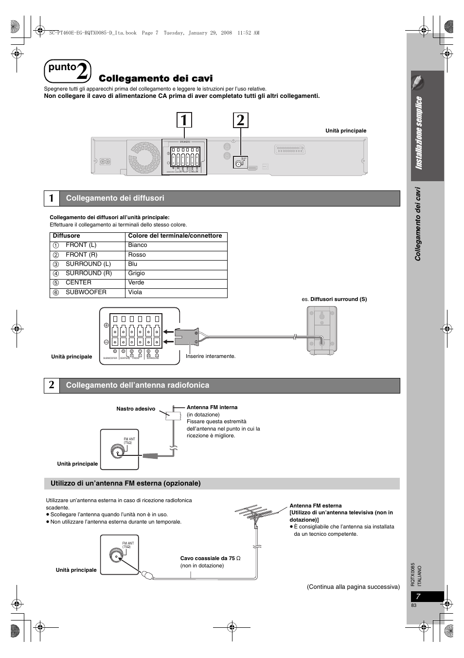 Punto, Collegamento dei cavi, Inst allazion e s emp lic e | Collegamento dei diffusori, Collegamento dell’antenna radiofonica, Colle gam e nto dei ca vi, Utilizzo di un’antenna fm esterna (opzionale) | Panasonic SCPT460 User Manual | Page 83 / 116