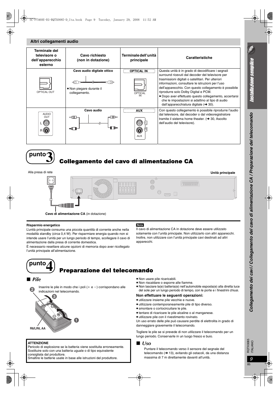 Punto, Collegamento del cavo di alimentazione ca, Preparazione del telecomando | Pile | Panasonic SCPT460 User Manual | Page 85 / 116