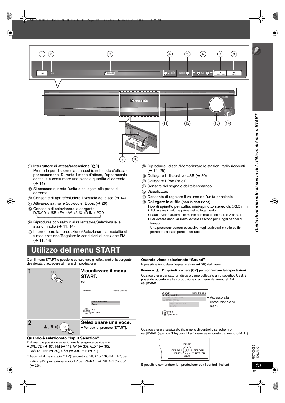 Utilizzo del menu start, Visualizzare il menu start, Selezionare una voce | Panasonic SCPT460 User Manual | Page 89 / 116