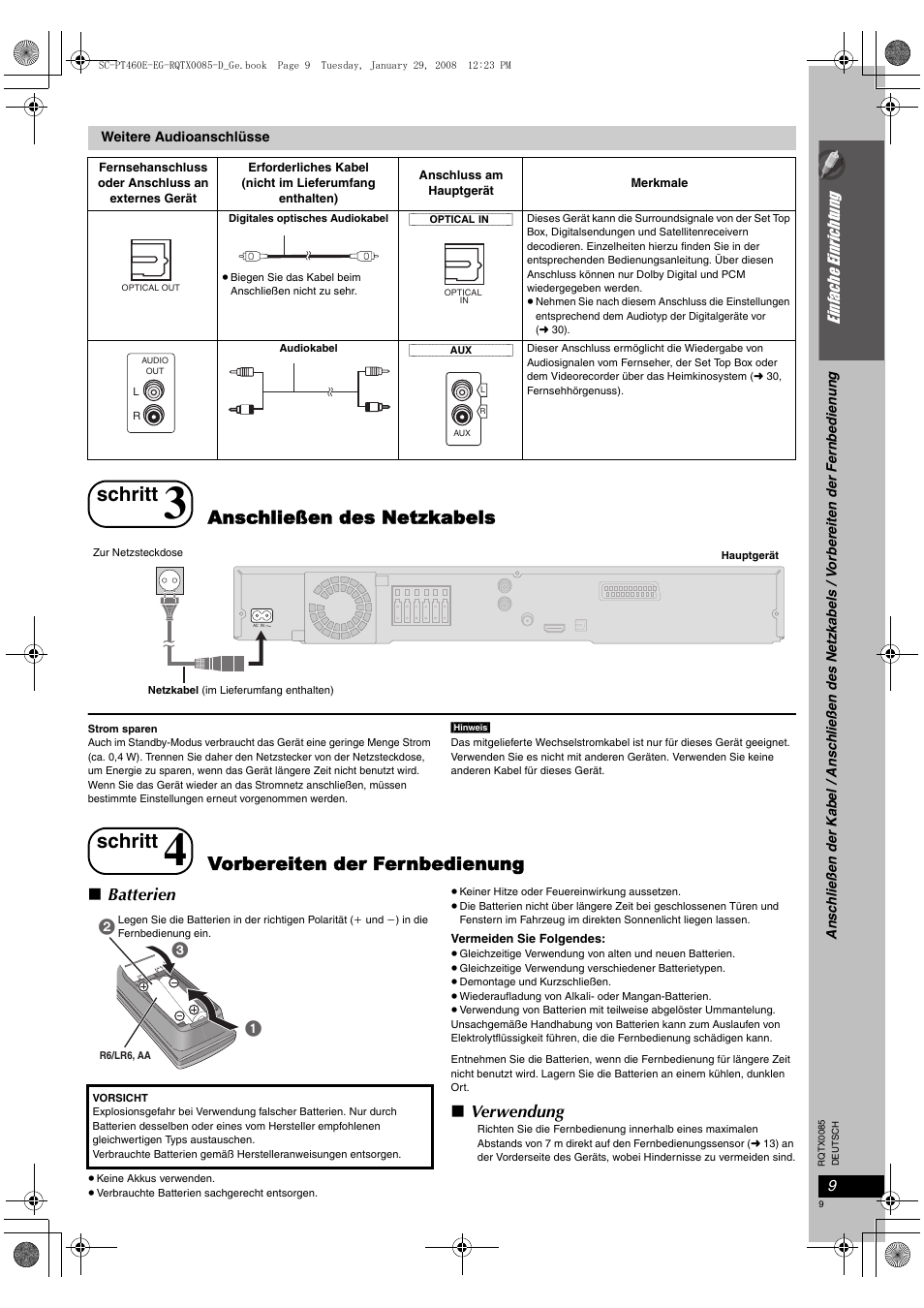 Schritt, Anschließen des netzkabels, Vorbereiten der fernbedienung | Batterien, Verwendung | Panasonic SCPT460 User Manual | Page 9 / 116