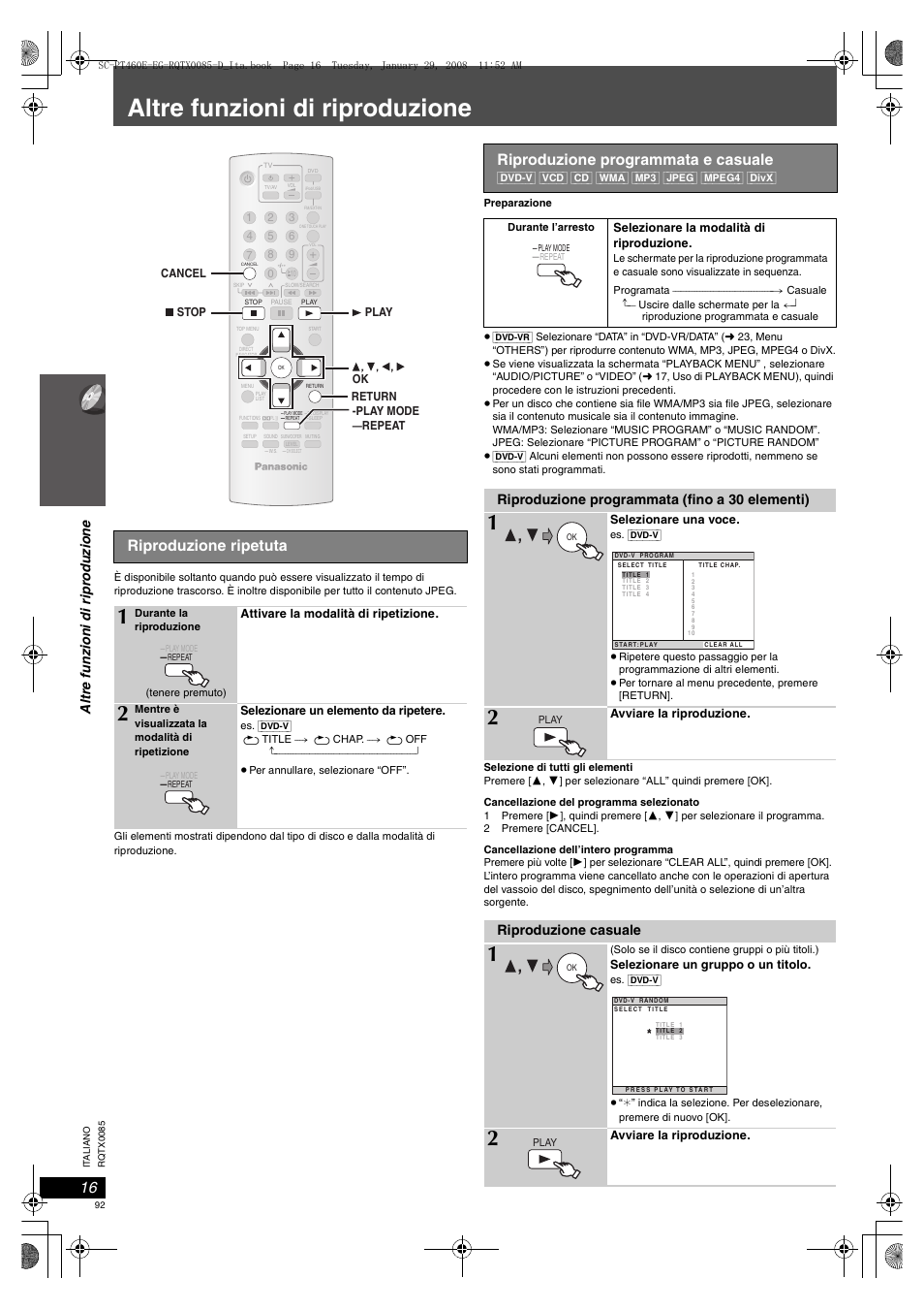 Altre funzioni di riproduzione, Riproduzione ripetuta, Riproduzione programmata e casuale | Altre funz ioni di ripr odu zio n e, Riproduzione programmata (fino a 30 elementi), Riproduzione casuale | Panasonic SCPT460 User Manual | Page 92 / 116