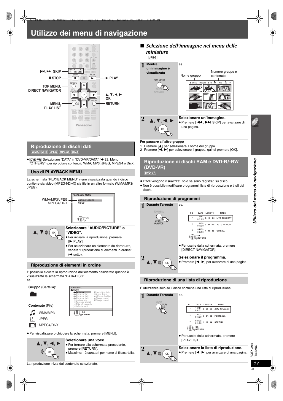 Utilizzo dei menu di navigazione, Selezione dell'immagine nel menu delle miniature, Riproduzione di dischi dati | Riproduzione di dischi ram e dvd-r/-rw (dvd-vr), Uso di playback menu, Riproduzione di elementi in ordine, Riproduzione di programmi, Riproduzione di una lista di riproduzione | Panasonic SCPT460 User Manual | Page 93 / 116