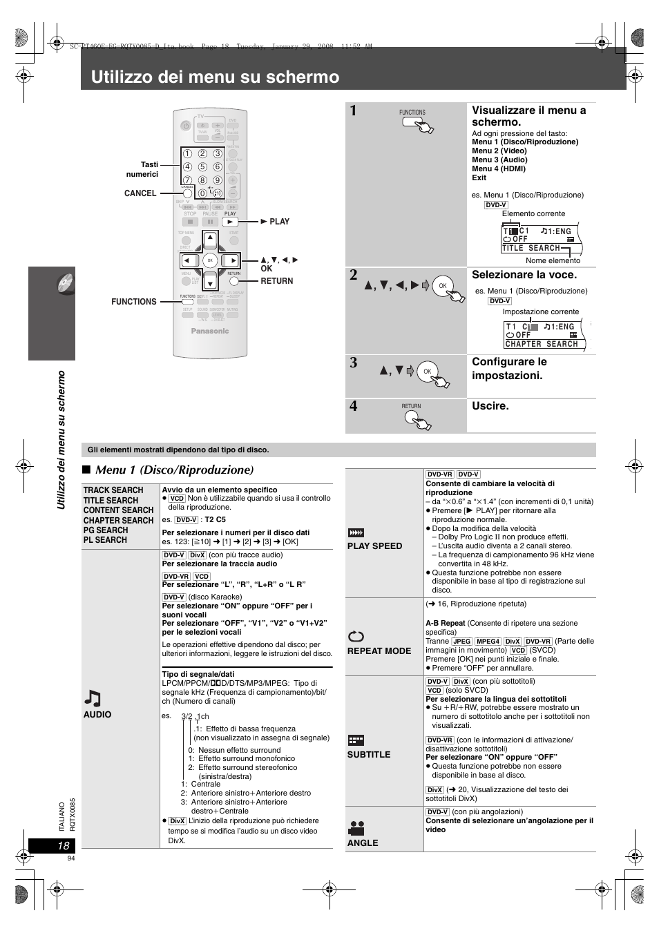 Utilizzo dei menu su schermo, Menu 1 (disco/riproduzione), Visualizzare il menu a schermo | Selezionare la voce, Configurare le impostazioni, Uscire, Utiliz zo dei men u su sc he rm o | Panasonic SCPT460 User Manual | Page 94 / 116