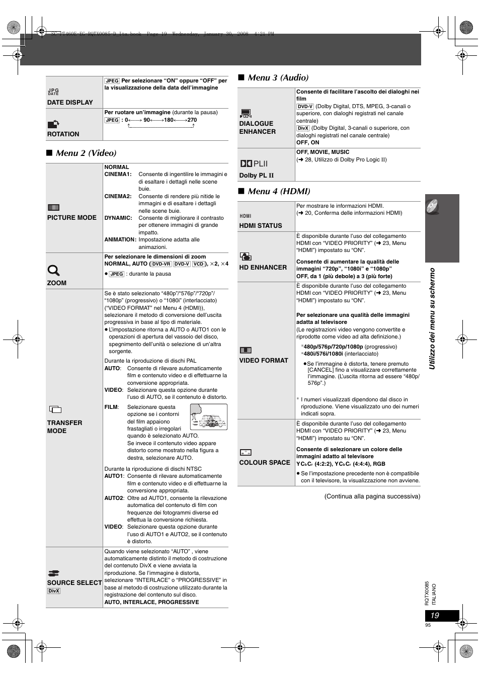 Menu 2 (video) ∫ menu 3 (audio) ∫ menu 4 (hdmi), Plii | Panasonic SCPT460 User Manual | Page 95 / 116