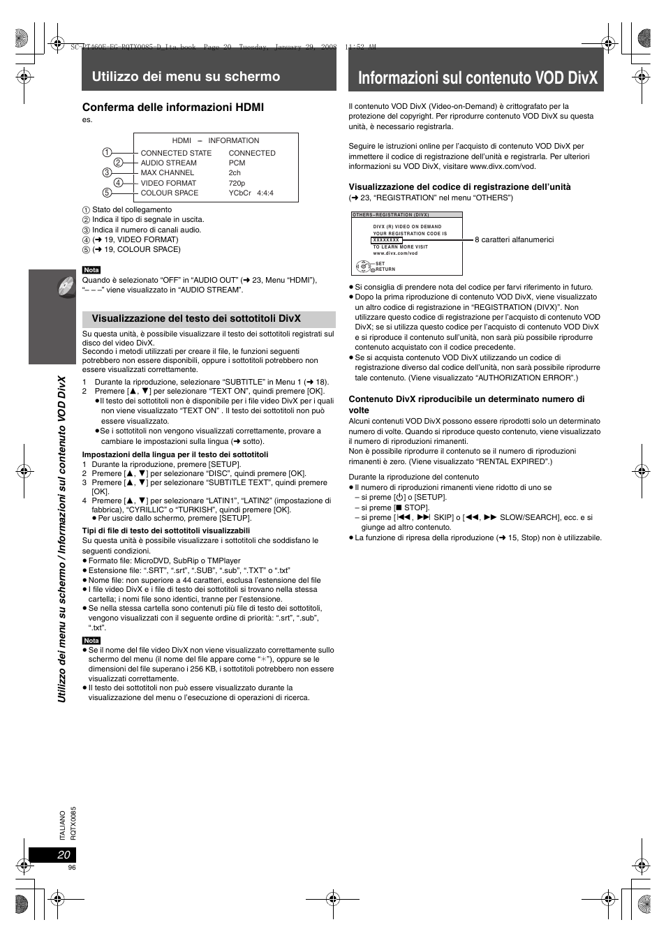 Informazioni sul contenuto vod divx, Utilizzo dei menu su schermo, Conferma delle informazioni hdmi | Panasonic SCPT460 User Manual | Page 96 / 116