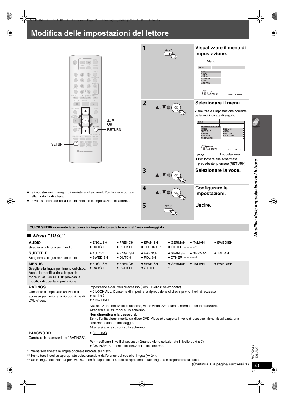 Modifica delle impostazioni del lettore, Menu “ disc, Visualizzare il menu di impostazione | Selezionare il menu, Selezionare la voce, Configurare le impostazioni, Uscire | Panasonic SCPT460 User Manual | Page 97 / 116