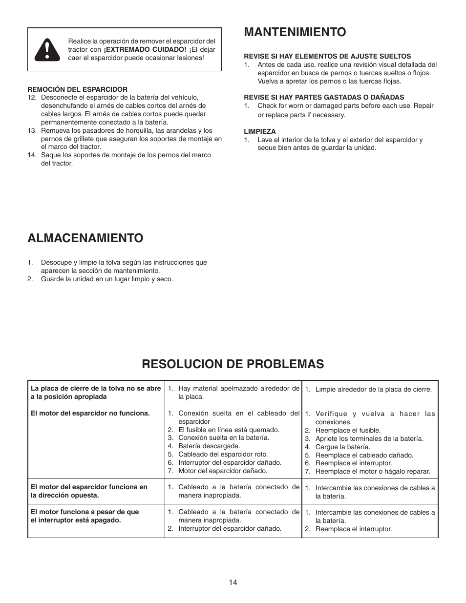 Mantenimiento, Almacenamiento, Resolucion de problemas | Agri-Fab 45-0460 User Manual | Page 14 / 24