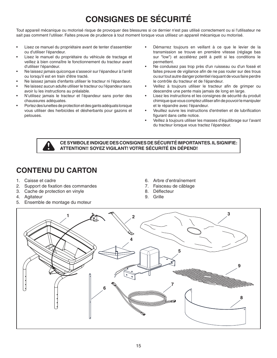 Consignes de sécurité, Contenu du carton | Agri-Fab 45-0460 User Manual | Page 15 / 24