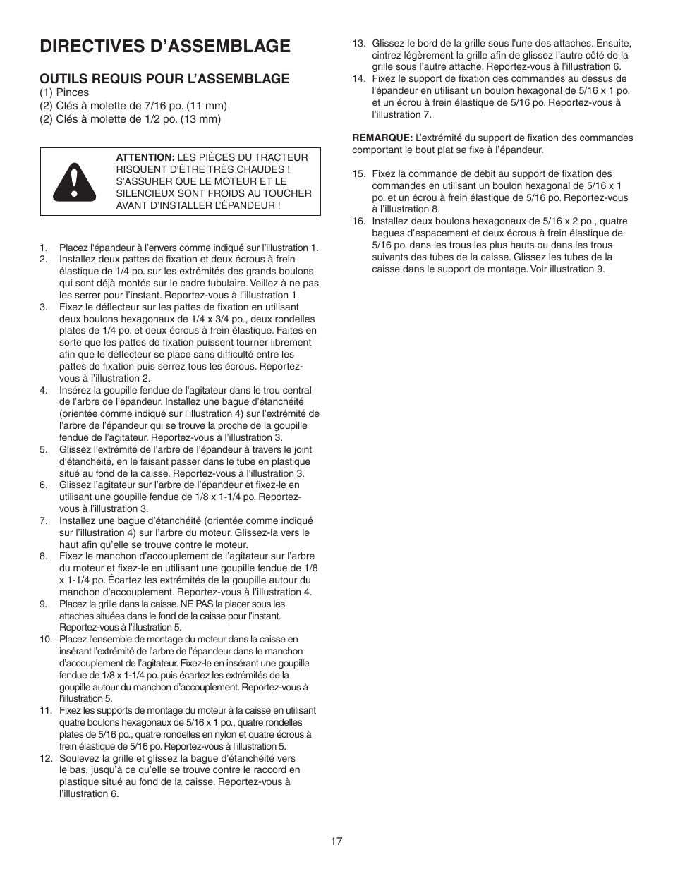 Directives d’assemblage, Outils requis pour l’assemblage | Agri-Fab 45-0460 User Manual | Page 17 / 24