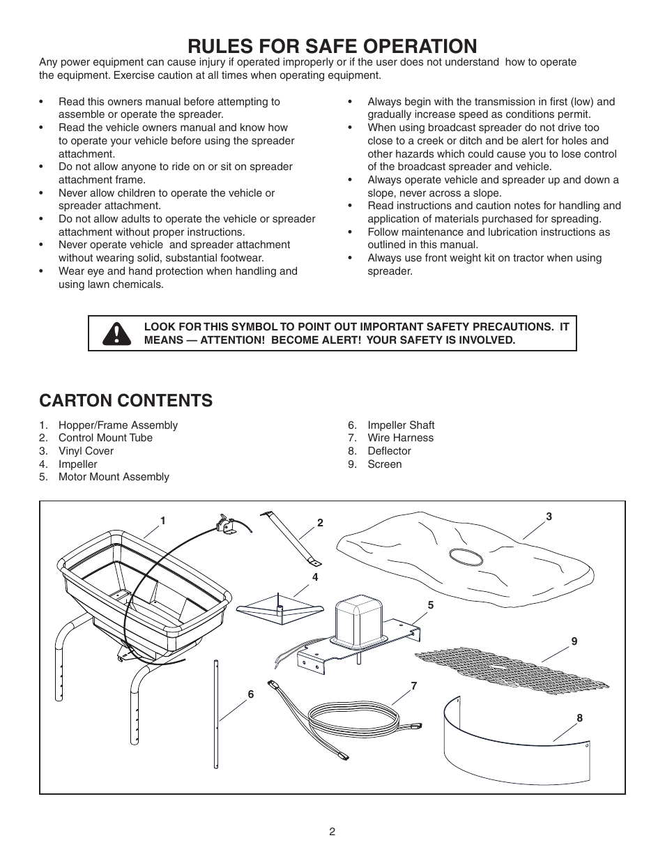 Rules for safe operation, Carton contents | Agri-Fab 45-0460 User Manual | Page 2 / 24
