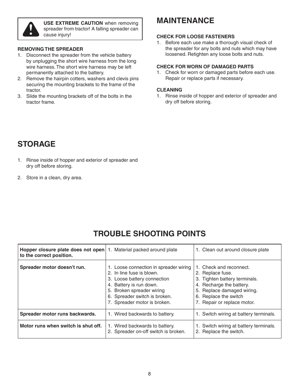Maintenance, Storage, Trouble shooting points | Agri-Fab 45-0460 User Manual | Page 8 / 24