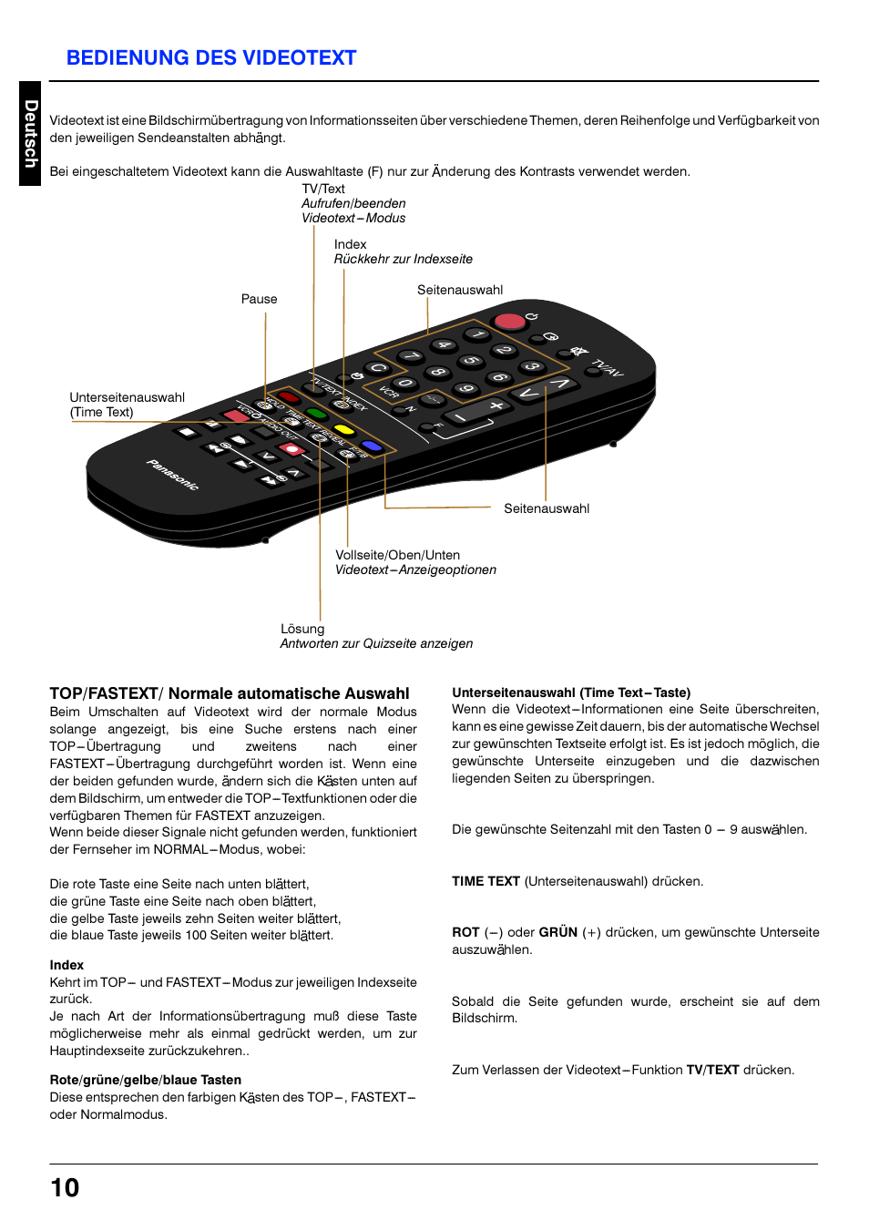 Unterseitenauswahl (time text-taste), Index, Rote/grüne/gelbe/blaue tasten | Bedienung des videotext, Top/fastext/ normale automatische auswahl | Panasonic TX21S3TC User Manual | Page 10 / 44