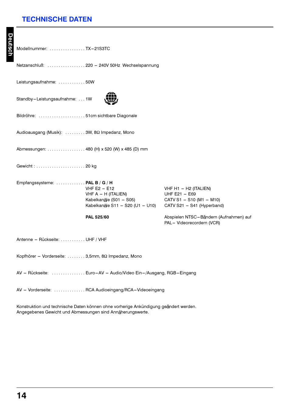 Technische daten | Panasonic TX21S3TC User Manual | Page 14 / 44