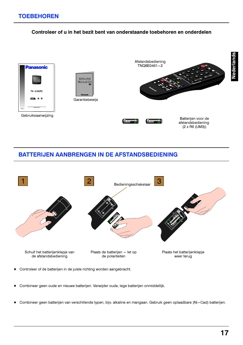 Toebehoren, Batterijen aanbrengen in de afstandsbediening | Panasonic TX21S3TC User Manual | Page 17 / 44