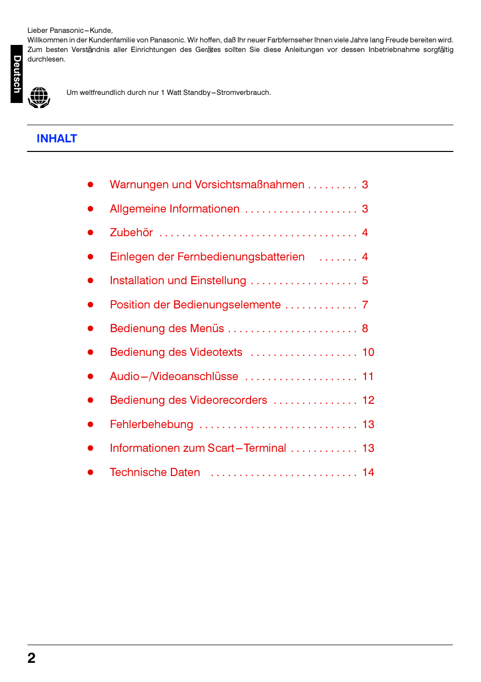 Inhalt | Panasonic TX21S3TC User Manual | Page 2 / 44