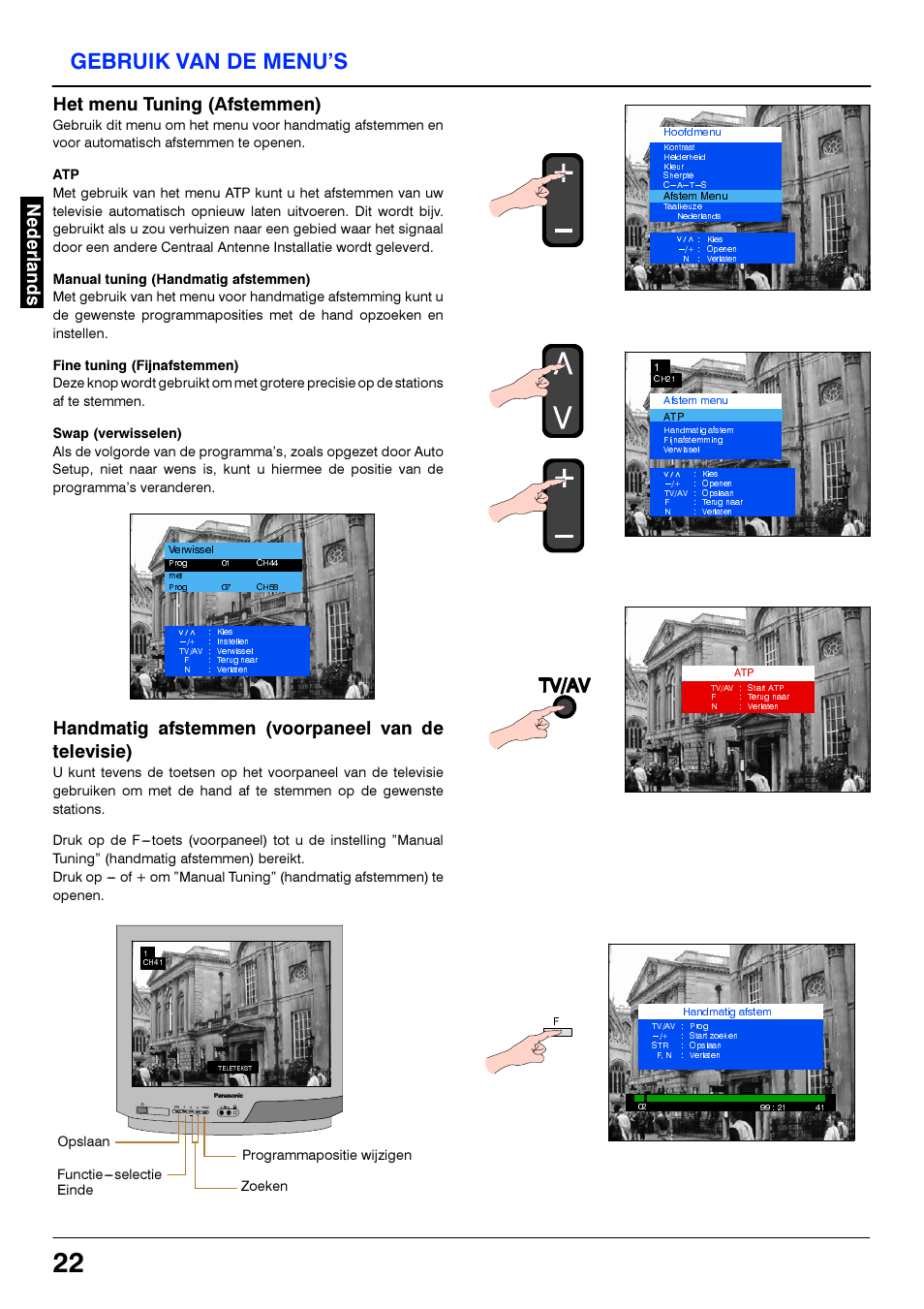 Manual tuning (handmatig afstemmen), Fine tuning (fijnafstemmen), Swap (verwisselen) | Tv/av, Gebruik van de menu’s | Panasonic TX21S3TC User Manual | Page 22 / 44