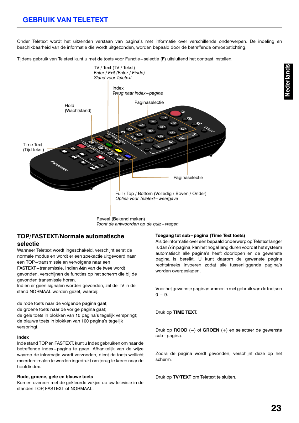 Index, Rode, groene, gele en blauwe toets, Gebruik van teletext | Panasonic TX21S3TC User Manual | Page 23 / 44