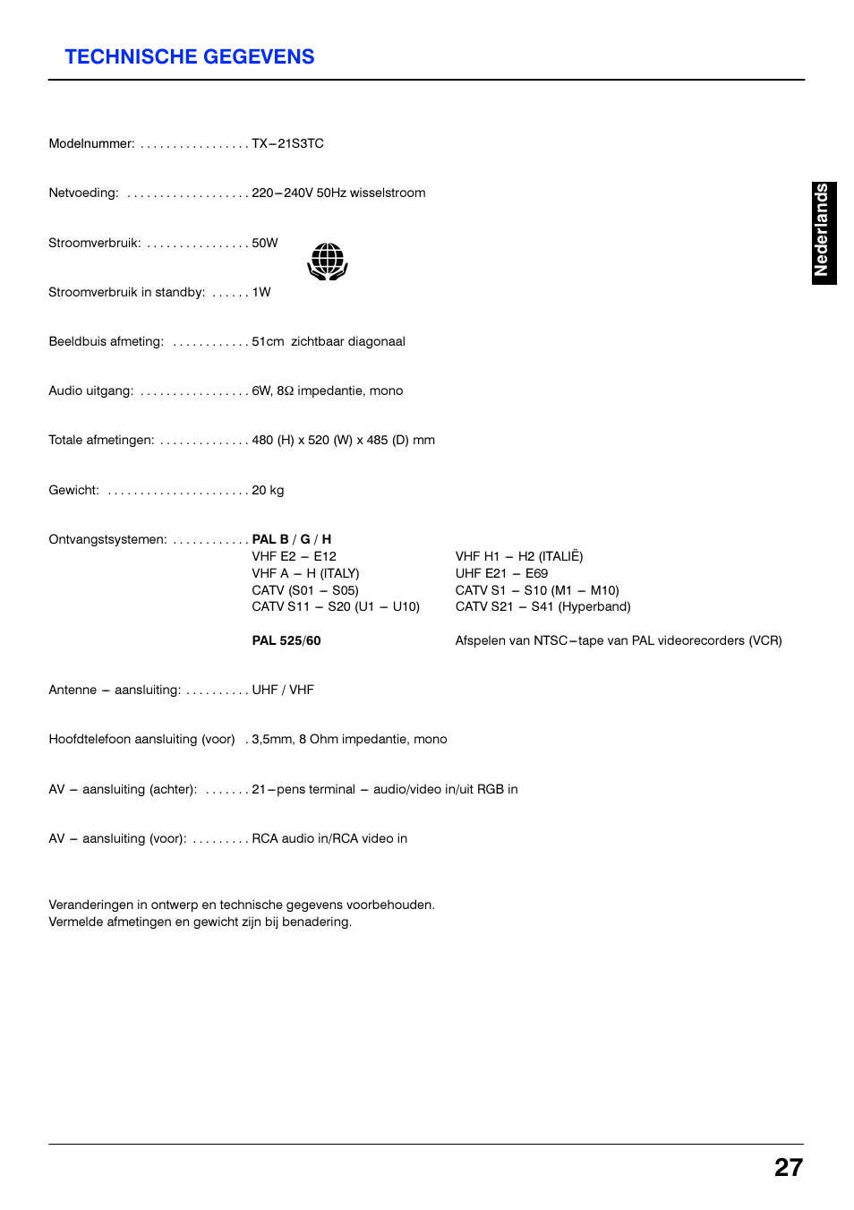 Technische gegevens | Panasonic TX21S3TC User Manual | Page 27 / 44