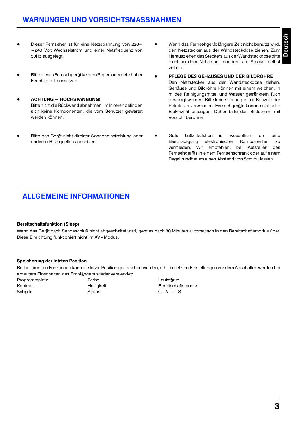 Warnungen und vorsichtsmassnahmen, Achtung - hochspannung, Pflege des gehäuses und der bildröhre | Allgemeine informationen, Bereitschaftsfunktion (sieep), Speicherung der ietzten position, Warnungen und vorsichtsmaßnahmen | Panasonic TX21S3TC User Manual | Page 3 / 44