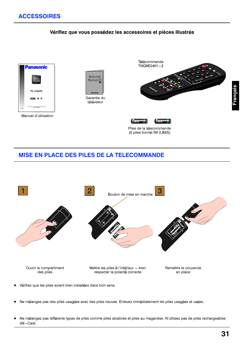 Accessoires, Mise en place des piles de la telecommande, Accessories | Mise en place des piles de la telecommande 1 2 | Panasonic TX21S3TC User Manual | Page 31 / 44