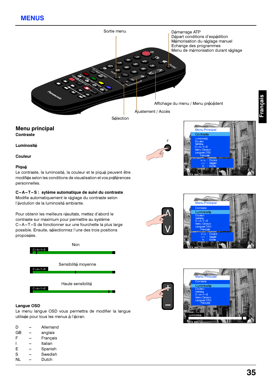 Menus, Luminosité, Couleur | Piqué, C-a-t-s : sytème automatique de suivi du contraste, Langue osd | Panasonic TX21S3TC User Manual | Page 35 / 44