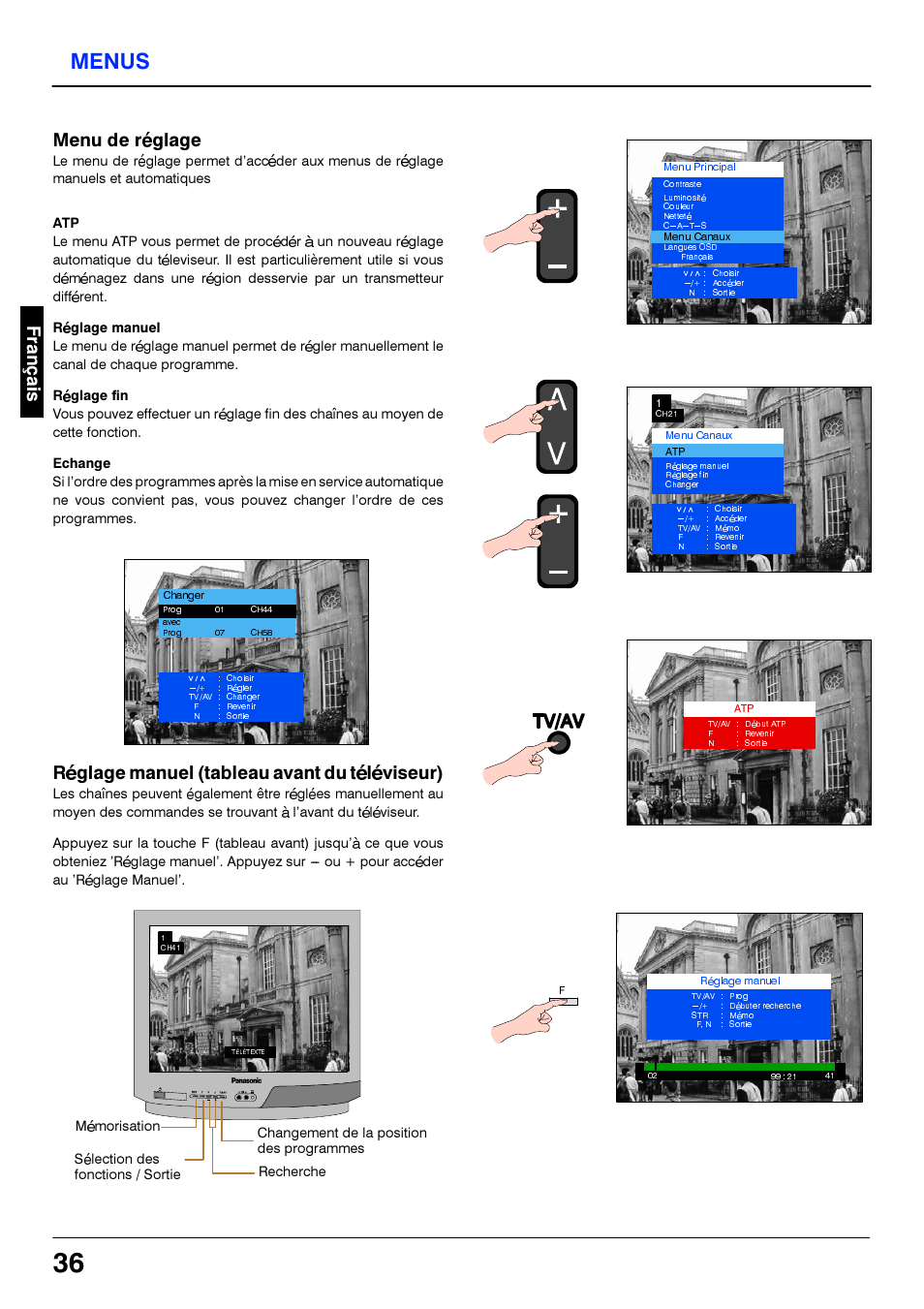 Menus, Réglage manuel, Réglage fin | Echange, Tv/av p | Panasonic TX21S3TC User Manual | Page 36 / 44