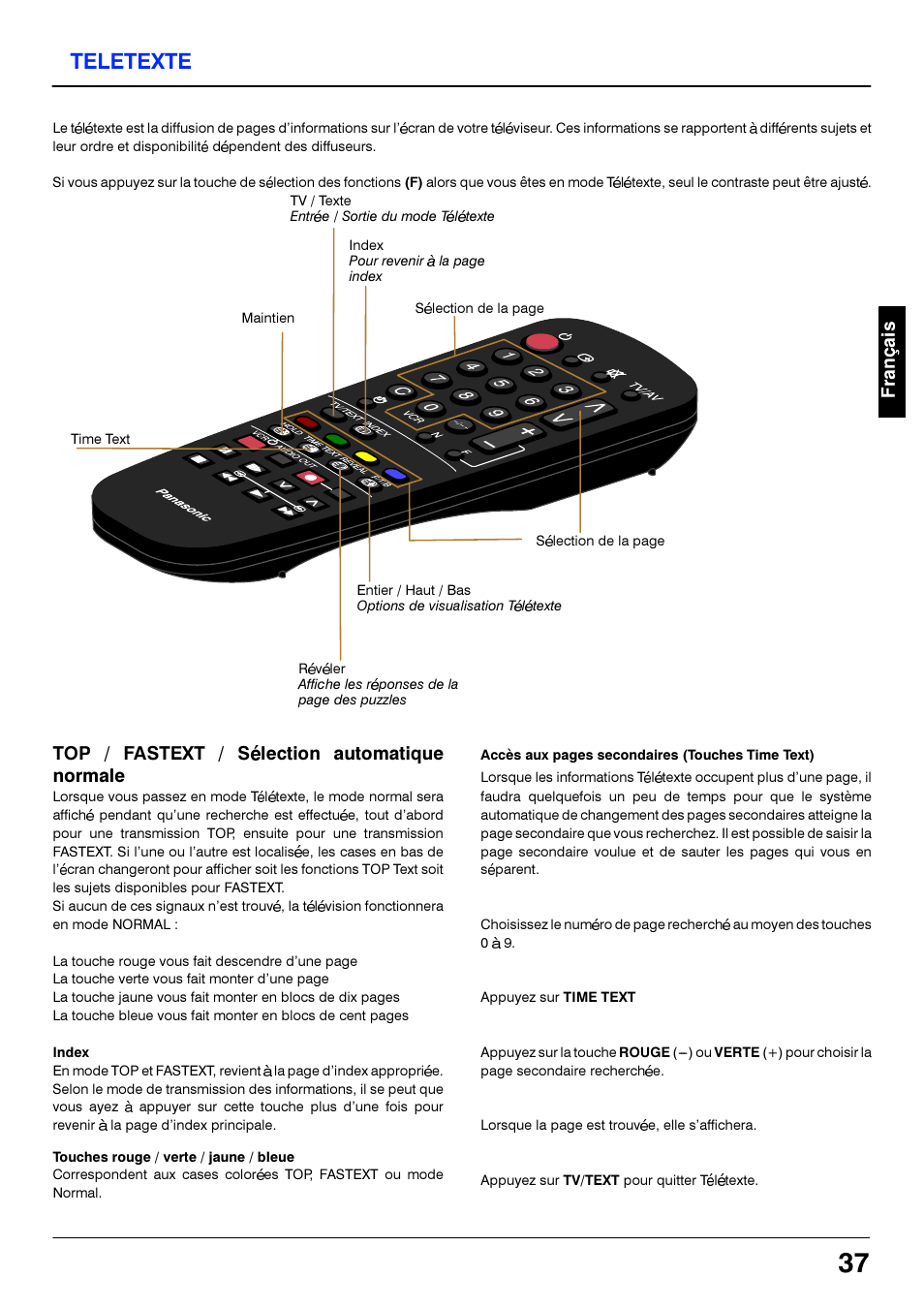 Teletexte, Index, Touches rouge / verte / jaune / bleue | Panasonic TX21S3TC User Manual | Page 37 / 44