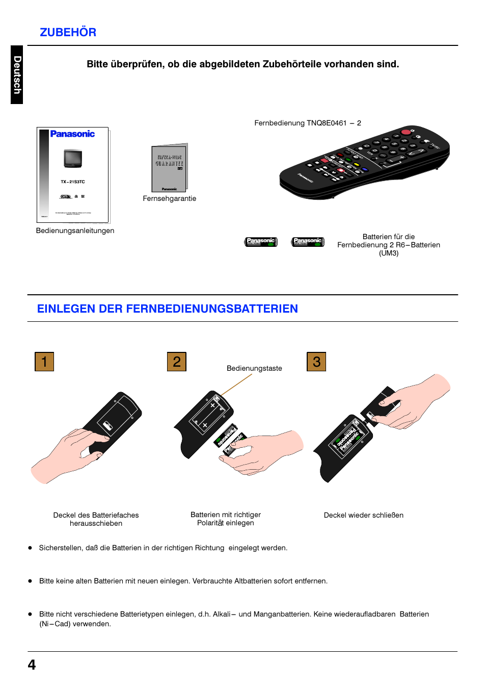 Zubehör, Einlegen der fernbedienungsbatterien | Panasonic TX21S3TC User Manual | Page 4 / 44