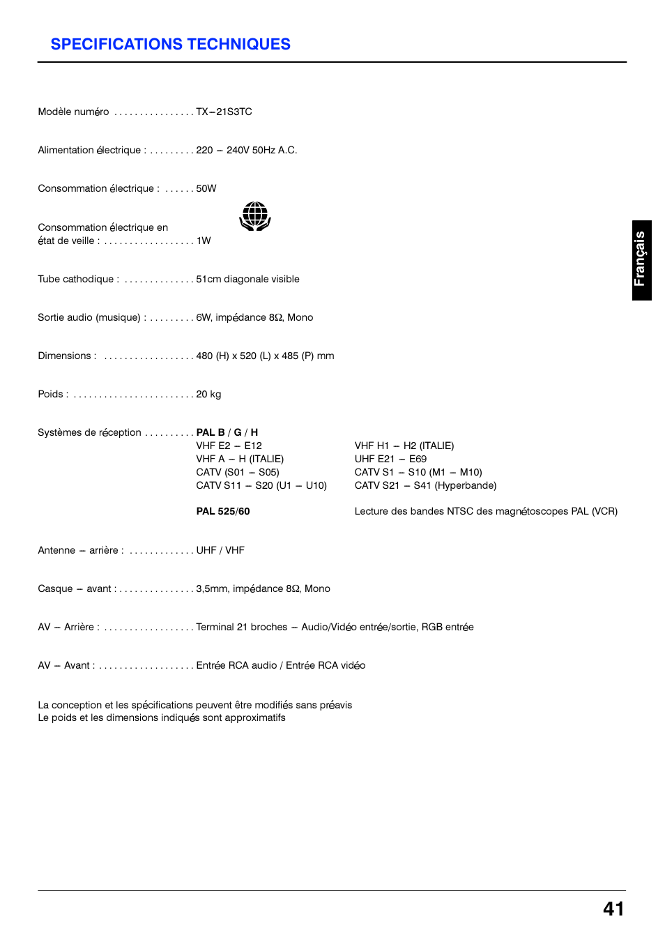 Specifications techniques, Spécifications techniques | Panasonic TX21S3TC User Manual | Page 41 / 44