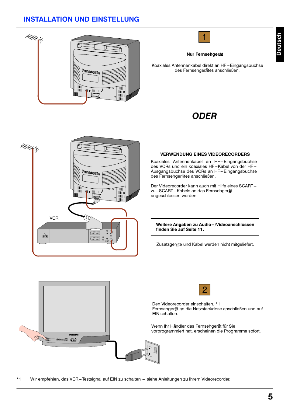 Installation und einstellung, Nur fernsehgerät, Verwendung eines videorecorders | Bedienung des videorecorders, Oder | Panasonic TX21S3TC User Manual | Page 5 / 44