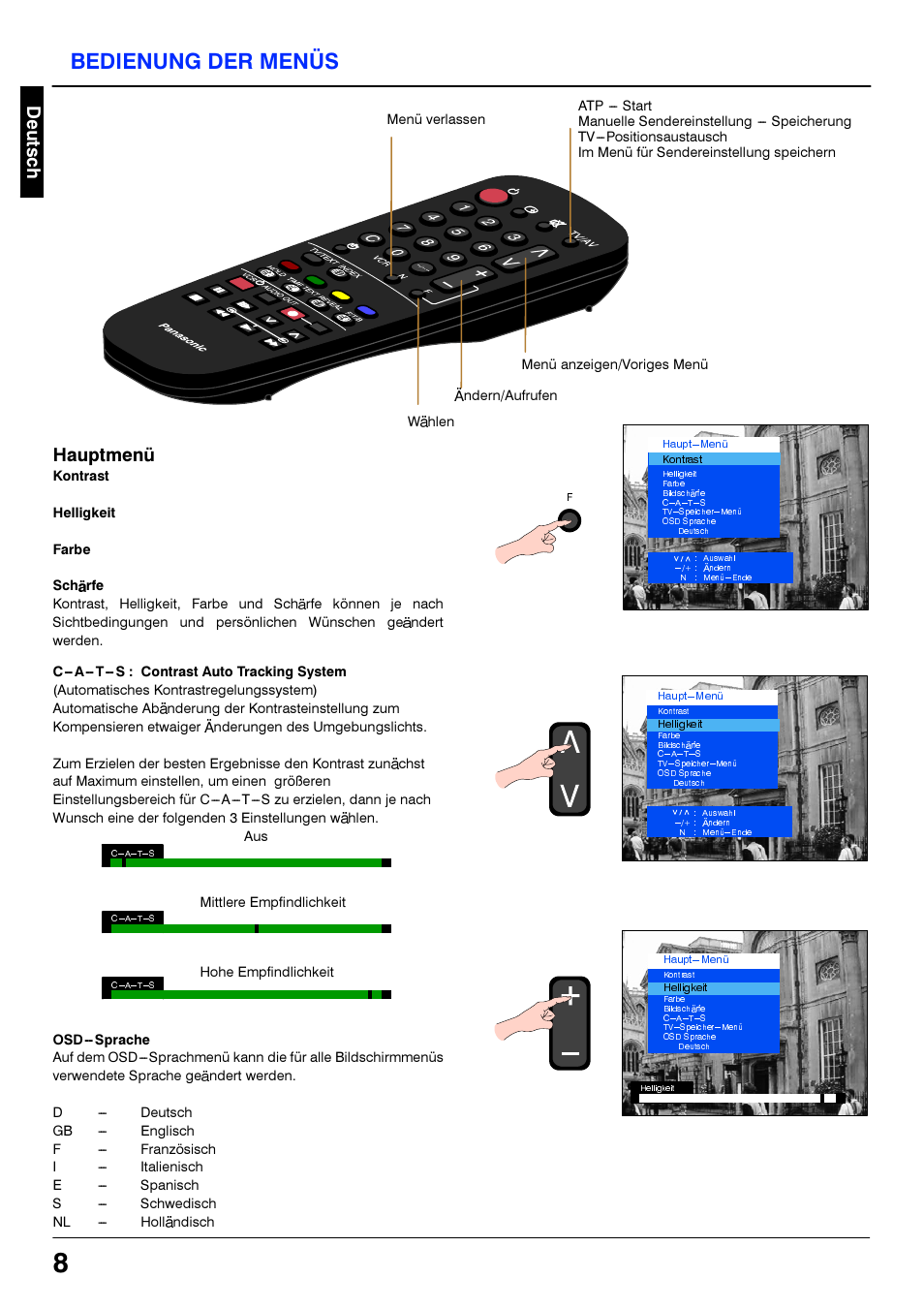 Helligkeit, Farbe, Schärfe | C-a-t-s : contrast auto tracking system, Osd-sprache, Bedienung der menus, Hauptmenü | Panasonic TX21S3TC User Manual | Page 8 / 44
