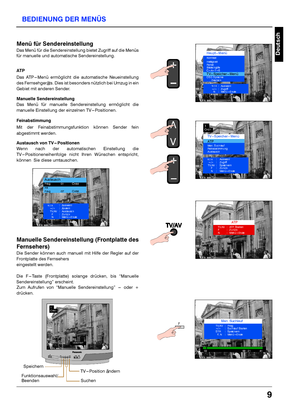 Manuelle sendereinstellung, Feinabstimmung, Austausch von tv- positionen | Tv/av, Bedienung der menus | Panasonic TX21S3TC User Manual | Page 9 / 44