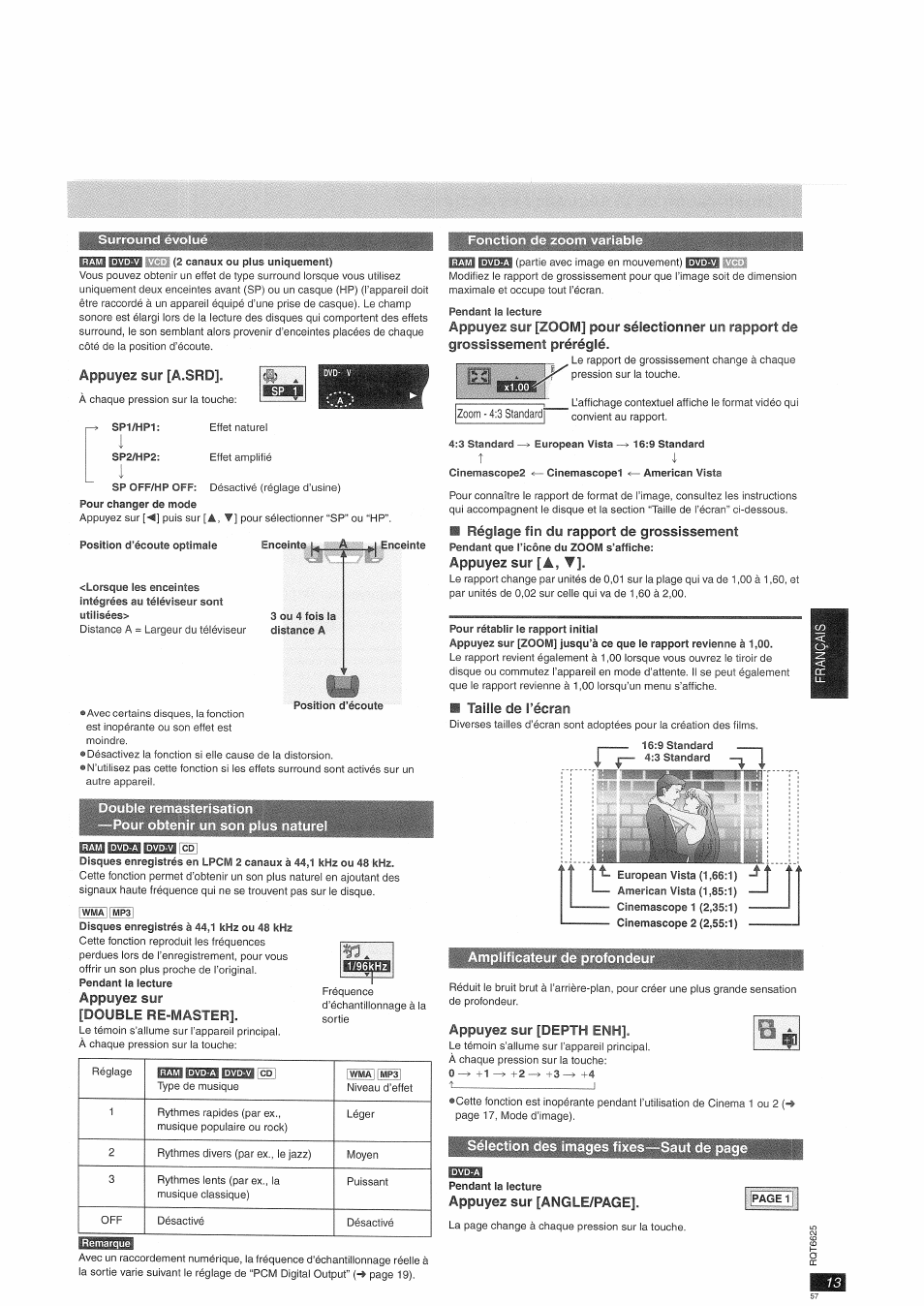 Surround évolué, Appuyez sur [a.srd, Fonction de zoom variable | Réglage fin du rapport de grossissement, Appuyez sur [a, v, Taille de l’écran, Appuyez sur [depth enh, A, v | Panasonic DVDS75EG User Manual | Page 13 / 24