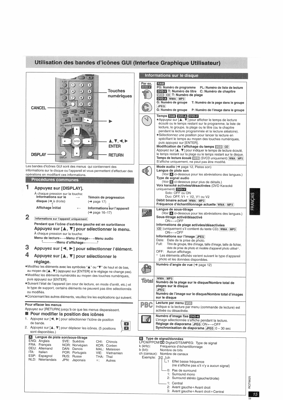 Informations sur le disque, Procédures communes, 1 appuyez sur [display | Appuyez sur [a, ▼] pour sélectionner le menu, 4 appuyez sur [a, t] pour sélectionner le, Pour modifier la position des icônes, Ütepsaiion des landes dicônes gui, Graphique utilisateur), Interface, Ci i ( â ) ^ r | Panasonic DVDS75EG User Manual | Page 15 / 24