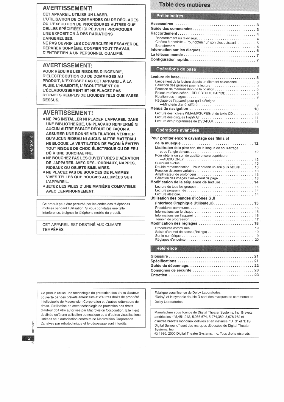 Avertissement, Table, Préliminaires | Panasonic DVDS75EG User Manual | Page 2 / 24