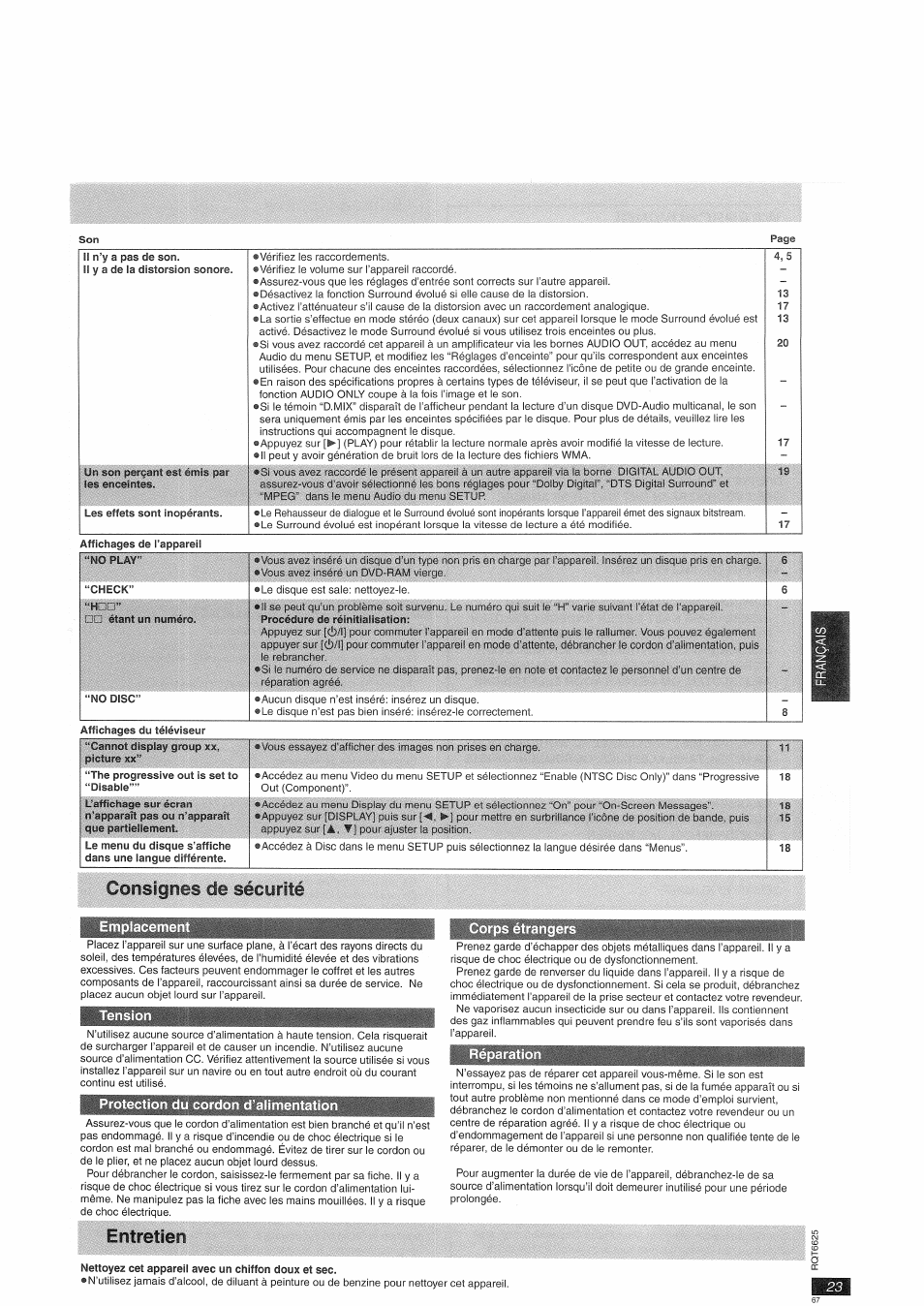 Entretien, Consignes d@ sécyrité | Panasonic DVDS75EG User Manual | Page 23 / 24